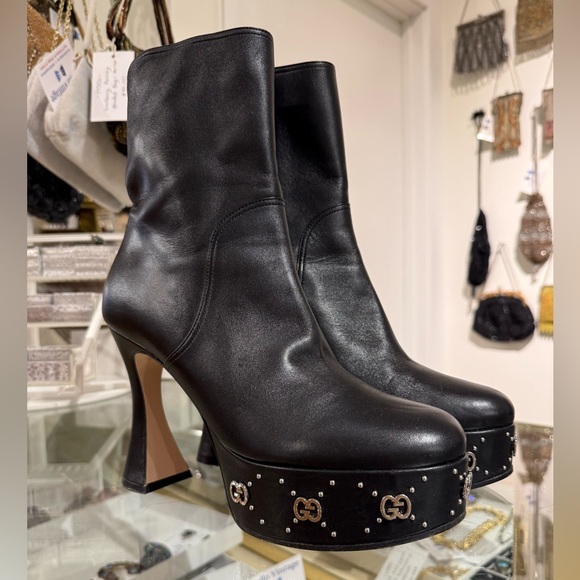 Gucci Janaya Black Leather Silver GG Logo Hourglass Heel Ankle Boots EU40 / US 9 - Picture 2 of 10